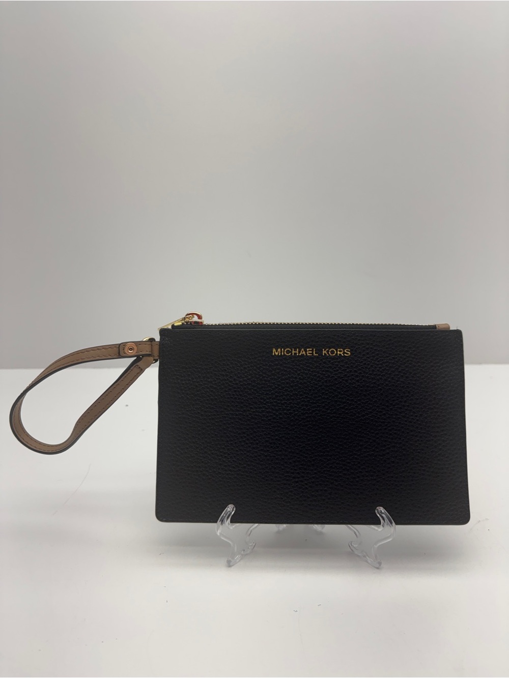 Michael Kors Black Pebbled Leather Wristlet with Tan Strap and Gold Foil Logo